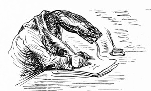 image of a snake clerk writing with a quill pen and wearing a suit jacket